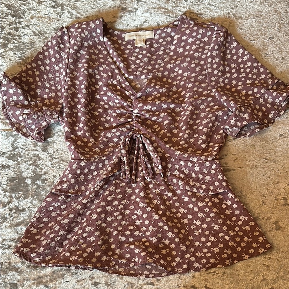 Monteau Purple Flutter Sleeve Ruched Blouse